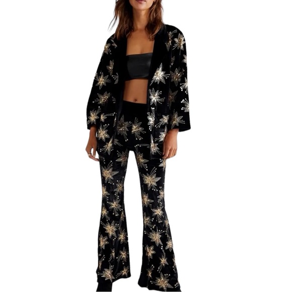 New LENNI x Free People XS Black Sequin Star Embroidered 2-Pc Jacket & Pant Set - Picture 5 of 15